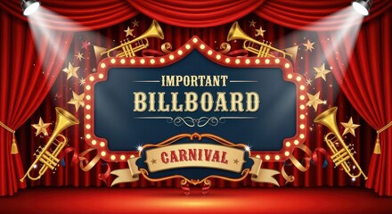 A vintage-style carnival billboard is surrounded by trumpets, stars, and red curtains, creating a festive atmosphere for advertising or event promotion.