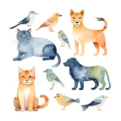 Obraz premium Watercolor collection of cute animals featuring cats dogs birds and a lion