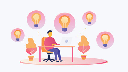 Illustration of a person working at a desk with lightbulbs floating around them in a bright room