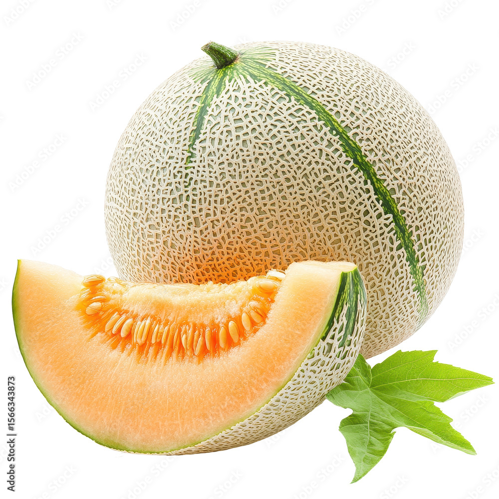 Poster juicy melon with a fresh slice next to it on a transparent background for healthy snacks and recipes