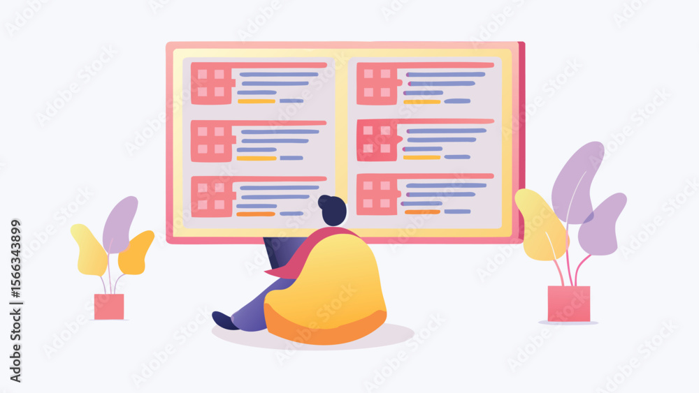 Poster person sitting with laptop in front of a large board with text and plants on either side looking at 
