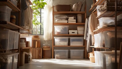 Well organized storage closet with shelves filled with folded linens and plastic storage bins in a bright room with natural sunlight