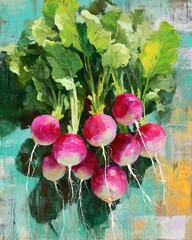 Water color. Vibrant radishes with green leaves on a colorful background.