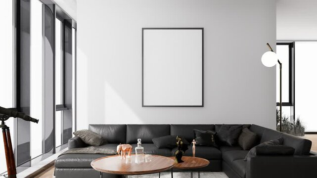 3d render of beautiful interior design with sofa and mock frame.