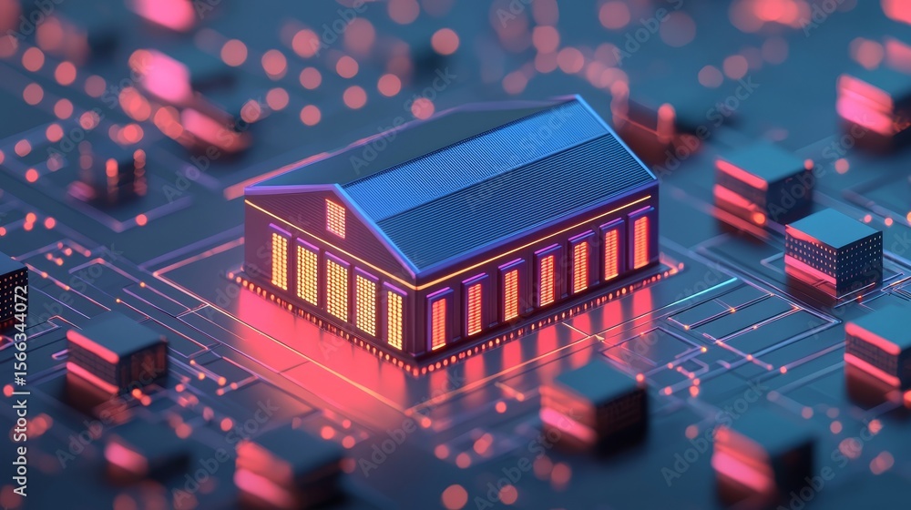 Poster a digital 3d model of a building on a circuit board, symbolizing the fusion of architecture and tech