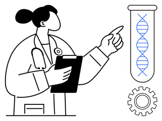 Scientist holding a clipboard, gesturing toward a test tube with DNA strand, and gear depicting innovation. Ideal for biology, genetics, research, science, innovation education technology. Simple