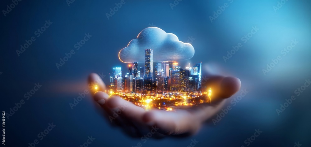 Poster a glowing futuristic cityscape with skyscrapers and lights is held within a digital cloud above an o