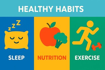 Brightly colored graphics illustrating healthy habits, showcasing sleep, nutrition, and exercise.
