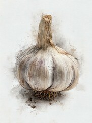 Water color. Fresh garlic bulb on textured background.