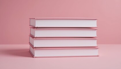 Fototapeta premium Stack of pink books against a pink background.