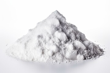 Studio shot of a pile of white powder on a white background, evoking concepts of purity, addiction, or cooking ingredients