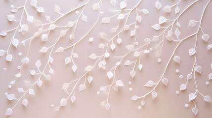 Elegant White Branches with Leaves and Dots on Beige Background