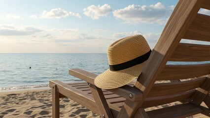 Woman's straw hat lying on wooden beach chair with sea and clear sky background