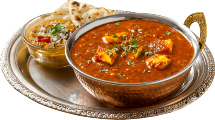 Traditional Thali Food Kadai Paneer Served With Dal Makhani isolated on a white background