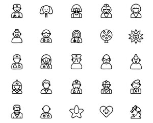 Comprehensive thin line healthcare professions and medical services symbol assortment with customizable stroke weight for digital and print applications