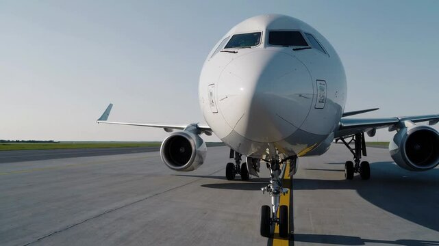 Passenger airplane preparing for takeoff, rolling along airport runway under bright sunlight, ready to begin international journey