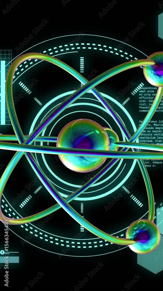 Poster animation of atom model spinning and data processing on black background