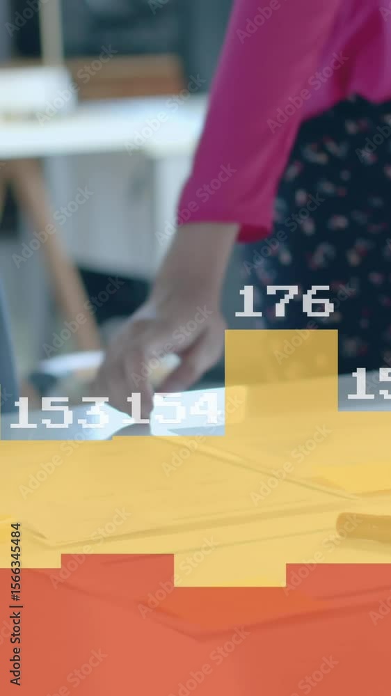 Poster animation of data processing and diagrams over diverse colleagues with blueprints in office