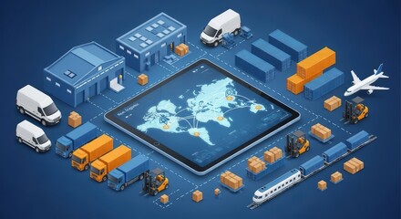 An isometric view depicts a global logistics network displayed on a tablet, showcasing transportation modes such as planes, trucks, and trains to illustrate worldwide delivery and supply chain