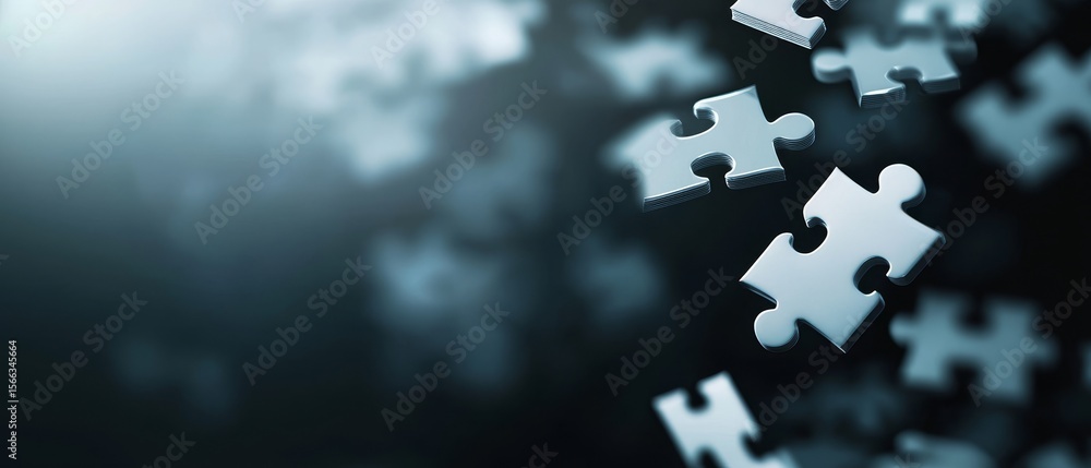 Poster puzzle pieces floating and falling on a dark, blurred background, symbolizing complexity and problem