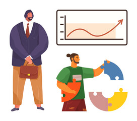 Professional with briefcase, teammate arranging puzzle pieces, upward graph. Ideal for success, teamwork, strategy, growth, planning collaboration leadership. Representing simple flat metaphor