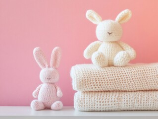 Fototapeta premium A pile of folded pastel colored clothes was placed on the table, on top of which was an adorable knitted bunny toy.