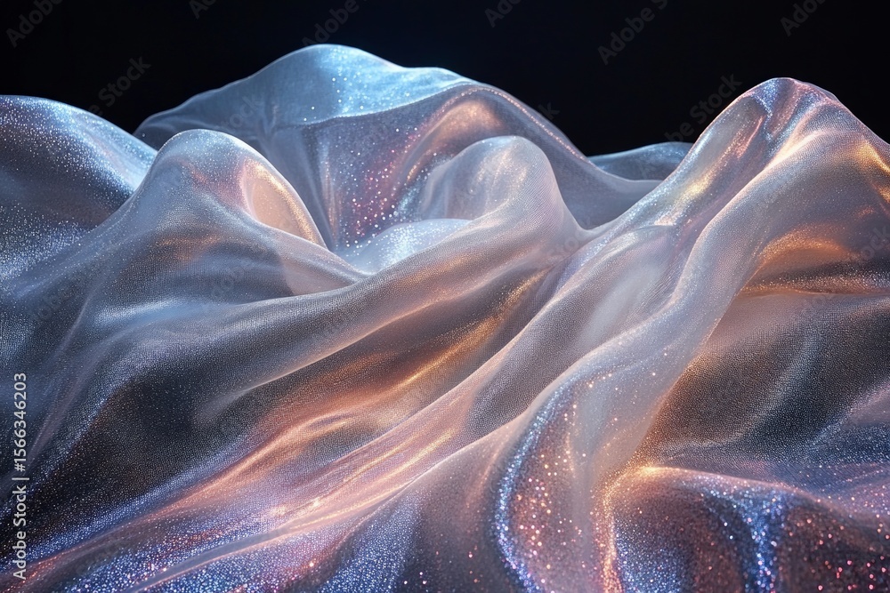 Poster white and gold fabric with glitter flowing in the dark, creating an abstract and luxurious texture