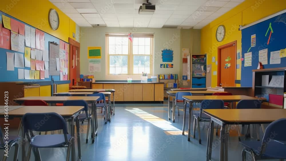 Poster sunlight streams into a vibrant, colorful elementary school classroom, illuminating empty desks and 
