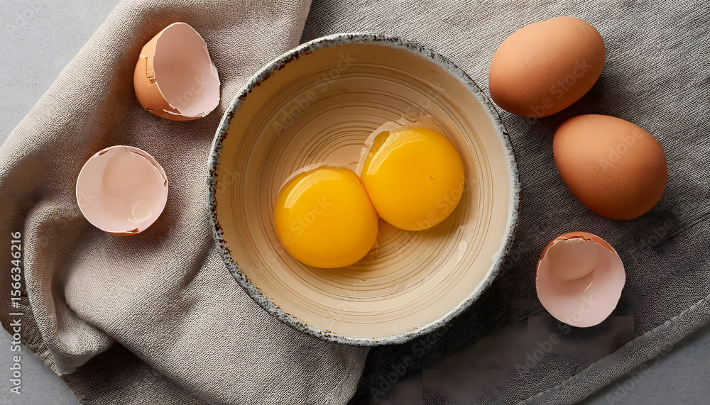 Aufkleber two cracked eggshells and two egg yolks in a bowl on a gray cloth, showcasing the contrast between t
