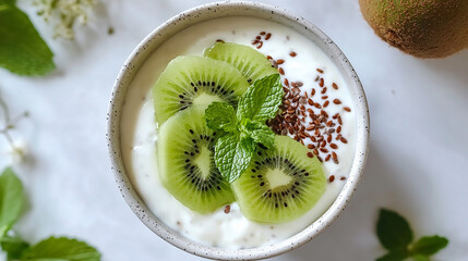 Kiwi Delight: A close-up shot of a refreshing yogurt parfait, showcasing sliced kiwi fruit, fresh mint leaves, and flax seeds.