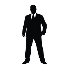 Sharp black silhouette of a man in a suit and tie with hands in pockets, ideal for business or formal designs. High-quality vector illustration