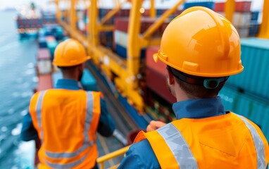 Two dock workers wearing safety helmets and vests oversee container loading at a busy port.