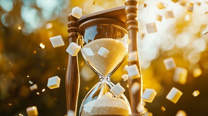 A broken hourglass with sugar cubes instead of sand, swept away by a golden breeze, symbolizing fleeting sweetness.