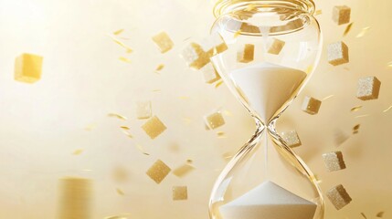 A broken hourglass with sugar cubes instead of sand, swept away by a golden breeze, symbolizing fleeting sweetness.