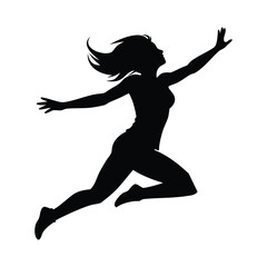 Obraz premium Vibrant black silhouette of a woman leaping with arms outstretched, perfect for fitness, freedom, or dance designs. High-quality vector illustration