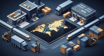 Isometric view showing a global logistics network of truck, train, forklift, warehouse, and shipping container to illustrate international trade and distribution.