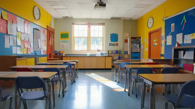 Sunlight streams into a vibrant, colorful elementary school classroom, illuminating empty desks and chairs arranged neatly, awaiting the return of students for the new academic year
