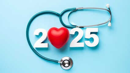 A stethoscope encircles the numbers 2025 with a red heart in place of the zero symbolizing a focus on health and the future of medicine