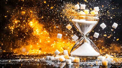 A broken hourglass with sugar cubes instead of sand, swept away by a golden breeze, symbolizing fleeting sweetness.