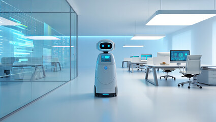 Futuristic Service Robot in Modern Office Space with Glass Walls, Computers, and Minimalist Design