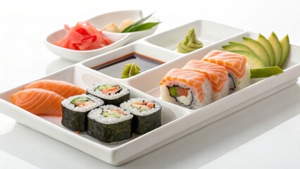 Assorted sushi rolls and salmon sashimi served on a segmented white plate with condiments