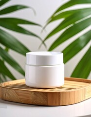 "mockup" envase de producto de cosméticos, Detrás del envase, se aprecian hojas grandes y exuberantes de plantas tropicales