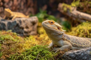 Close-up of a Bearded Dragon Lizard Sitting on Mossy Ground in a Natural Habitat with Rocks and Green Plants in the Background