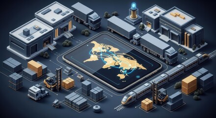 Isometric view showing a global logistics network of truck, train, forklift, warehouse, and shipping container to illustrate international trade and distribution.