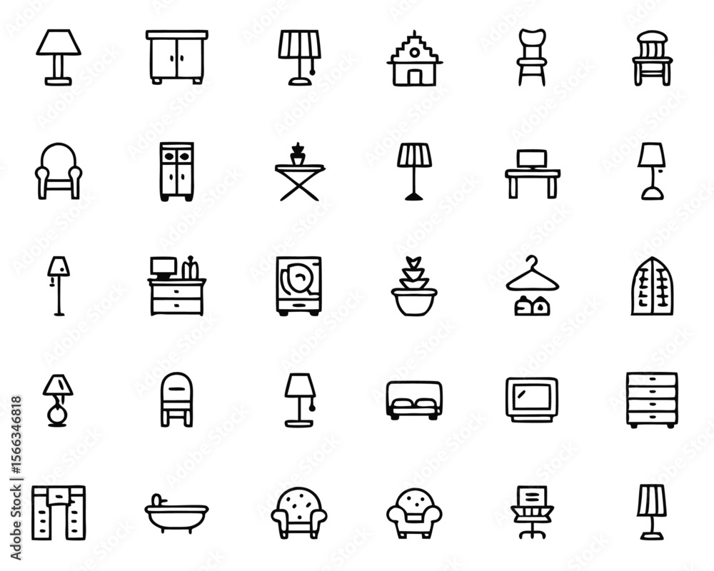 Poster comprehensive collection of thin line icons representing various home interior elements and furnitur