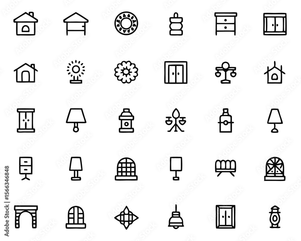 Poster comprehensive collection of thin line icons representing various home interior elements and furnitur
