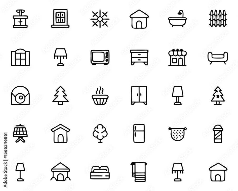 Poster comprehensive collection of thin line graphics representing various home interior elements and essen