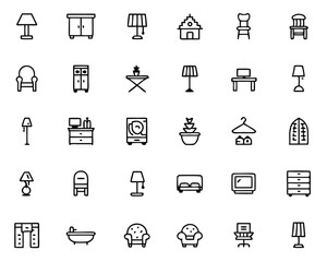 Comprehensive collection of thin line icons representing various home interior elements and furniture perfect for design projects and user interfaces