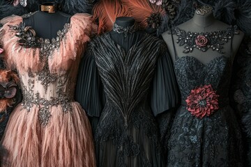 Three mannequins wearing luxurious evening gowns, adorned with feathers, flowers, and intricate details, create a captivating display of high fashion