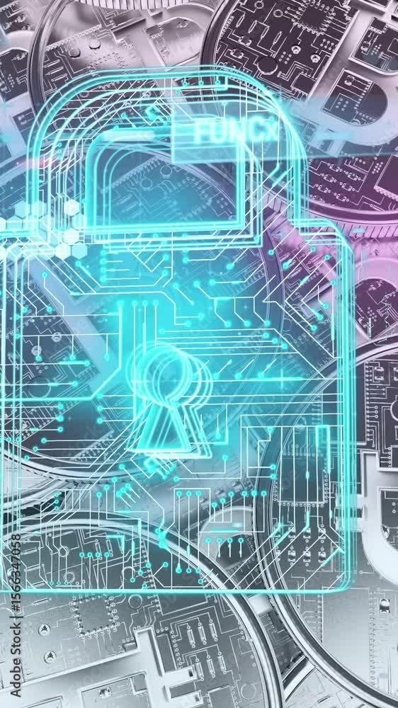Poster security padlock icon and data processing against silver bitcoins